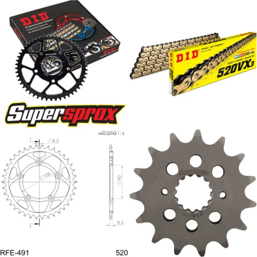 Kettensatz Stahl für: DUCATI 906 Paso 89-89 15-40-108 DID520VX3(G&B) Endlos