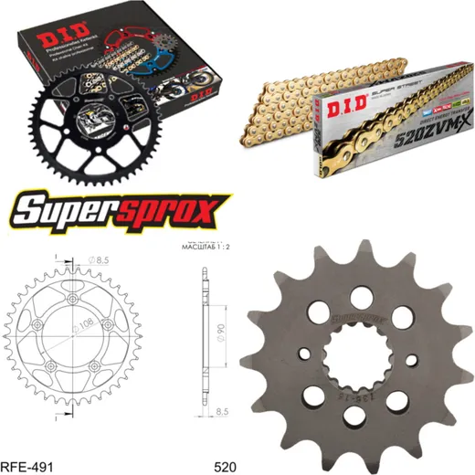 Chain Kit - Steel - for: DUCATI 906 Paso 89-89 15-40-108 DID520ZVM-X(G&G) rivet
