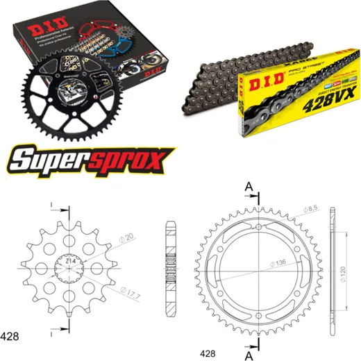 Chain Kit - Steel - for: YAMAHA TZR125 /R [IT] 80km/h 93-99 13-47-136 DID428VX Clip