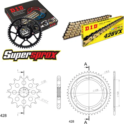 Chain Kit - Steel - for: YAMAHA TZR125 /R [IT] 80km/h 93-99 13-47-136 DID428VX(G&B) rivet