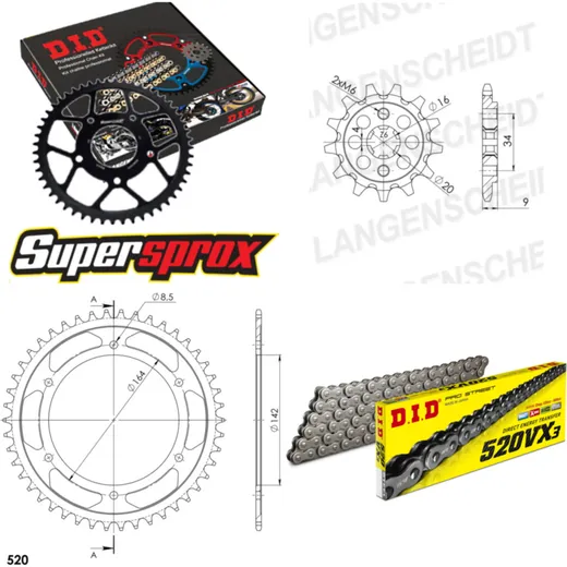 Kettensatz Stahl für: HYOSUNG GT250 Naked 04-06/GT250 R Nak 14-46-112 DID520VX3 Endlos
