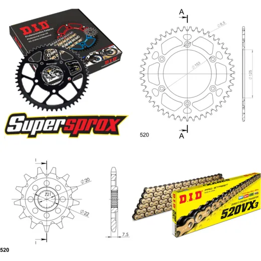 Kettensatz Alu rot HM CR125 Supermotard 04-06 13-40-116 DID520VX3(G&B) Clip