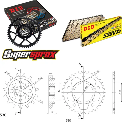 Kettensatz Alu schwarz für: DUCATI 500 Pantah Sports 82-8 15-38-094 DID530VX3(G&B) Niet