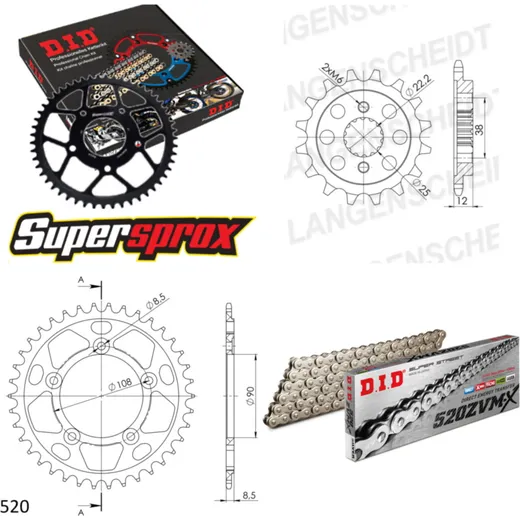 Kettensatz Alu schwarz für: DUCATI 750 Paso 86-90 15-38-106 DID520ZVM-X(S&S) Endlos