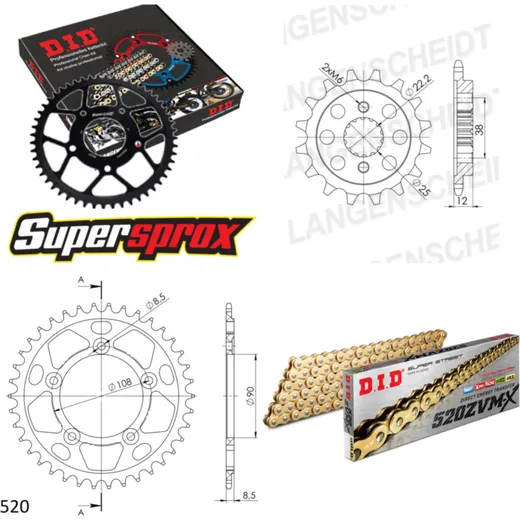 Kettensatz Alu schwarz für: DUCATI 750 Paso 86-90 15-38-106 DID520ZVM-X(G&G) Niet