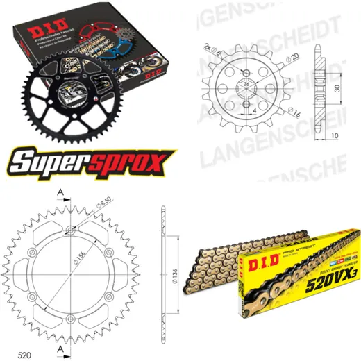 Kettensatz Alu schwarz für: HUSQVARNA SM125 00-13 13-46-112 DID520VX3(G&B) Clip