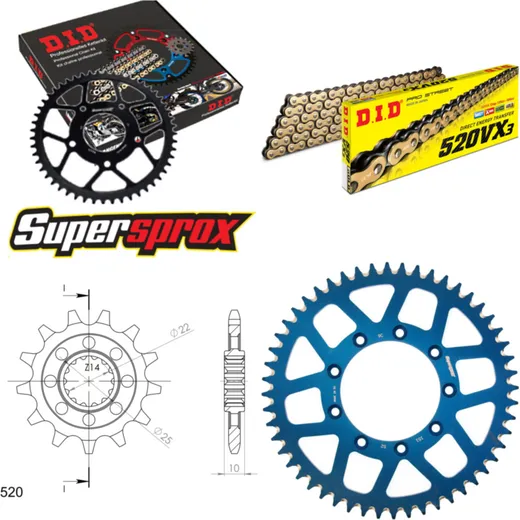 Kettensatz Alu blau TM Cross 250 /F 01-04/Enduro 250 13-52-116 DID520VX3(G&B) Niet