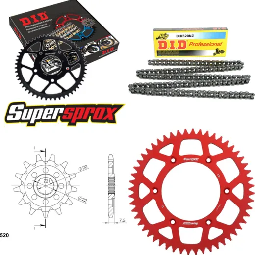 Kettensatz Alu rot für: HONDA CR125 R 04-07 13-52-116 DID520NZ Clip
