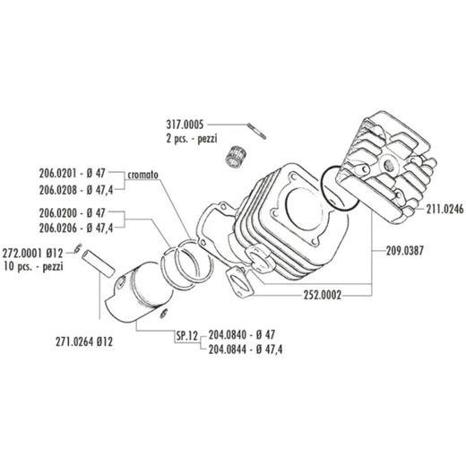 Cylinder kit Polini cast iron racing d=47mm 70cc 12mm slante_1