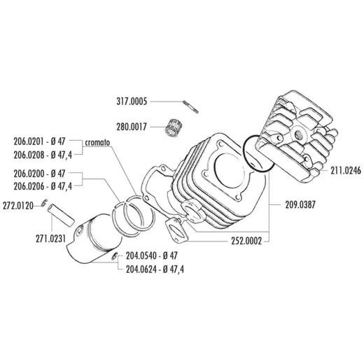 Cylinder kit Polini cast iron racing d=47mm 70cc 10mm slante_1