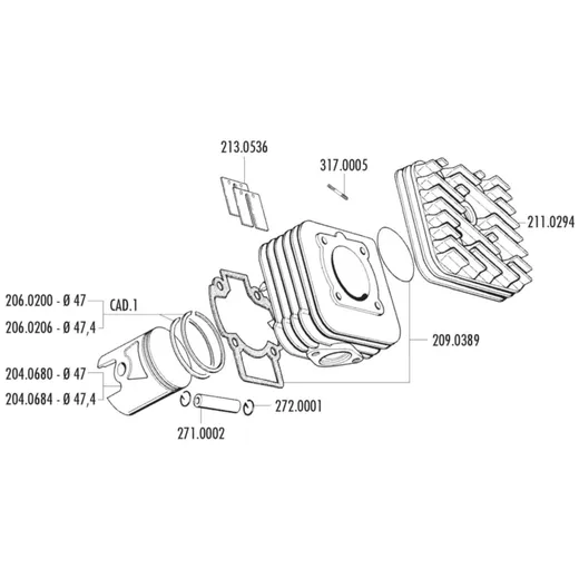 Zylinderkopf Polini 70ccm 47mm für Piaggio AC 211.0294