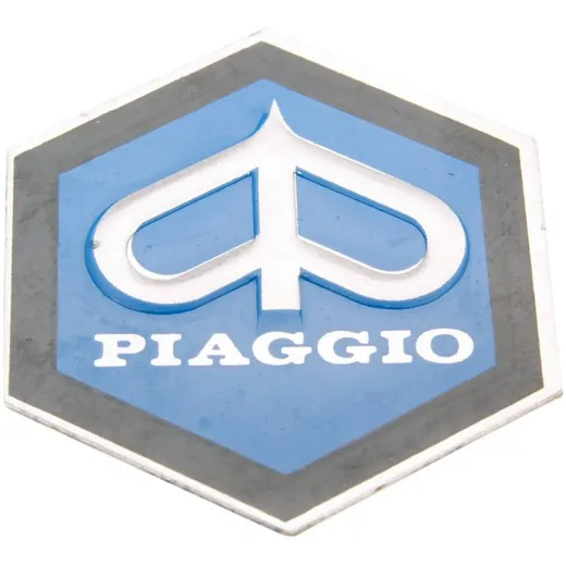 Verkleidung Emblem Piaggio zum Kleben 6-eckig 31x36mm Aluminium für Kaskade für Vespa PK50, PK80 82-88 36365
