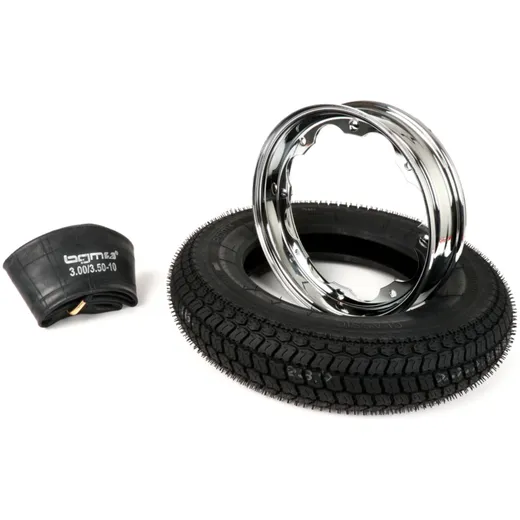 Reifen komplett Set BGM Classic, Lambretta 3.50 10 Zoll TT 59P (reinforced) Felge 2.15-10 Chrom 51198