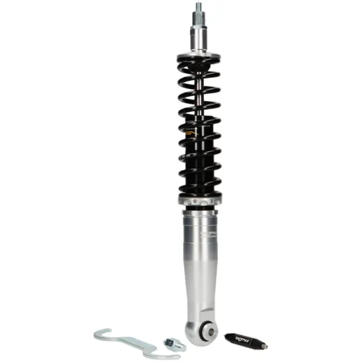 Stoßdämpfer hinten BGM PRO SC/R1 SPORT, 385mm, schwarz/silbern für Vespa Wideframe VM1, VM2, VN1, VN2, VB1, VL1, VL2, VL3, GS150 Stoßdämpfer hinten BGM PRO SC/R1 SPORT, 385mm, schwarz/silbern für Vespa Wideframe VM1, VM2, VN1, VN2, VB1, VL1, VL2, VL3, GS150