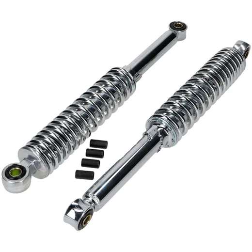 Shock absorber set chrome 360mm 5-way adjustable 10mm bushes for Kreidler, Zündapp, Hercules, Puch MG00002568 Shock absorber set chrome 360mm 5-way adjustable 10mm bushes for Kreidler, Zündapp, Hercules, Puch MG00002568