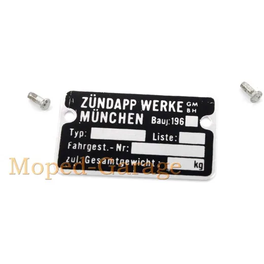 Typenschild Aluminium Schwarz mit Kerbnägel für Zündapp, Bergsteiger, C, GTS, KS, Combinette MG00026102