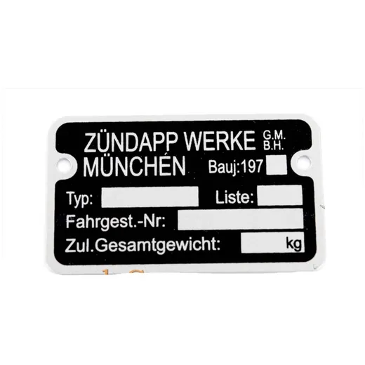 Typenschild Blanko Aluminium 1970er für Zündapp, C, CS, CX, Hai, KS, GTS, M, ZD MG00083131