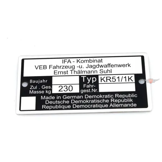 Typenschild Aluminium 73,80mm 37,09mm 0,7mm für Simson Schwalbe KR51/1K MG00083350