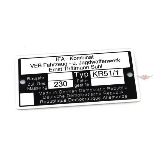 Typenschild Aluminium 73,80mm 37,09mm 0,7mm für Simson Schwalbe KR51/1 MG00083351