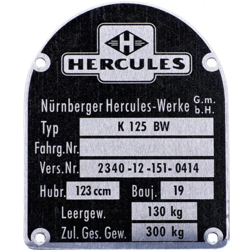 Typenschild Aluminium Schwarz 123 ccm für Hercules, K 125 MG00083456