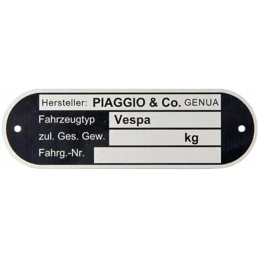 Typenschild "PIAGGIO & CO. Genova" für Vespa alle dt. Modelle ´67->, alle ital. Modelle 45321