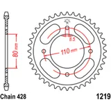 Rear sprocket 42 tooth pitch 428 inner diameter 80 bolt spacing 110 for: Honda CBF, CB