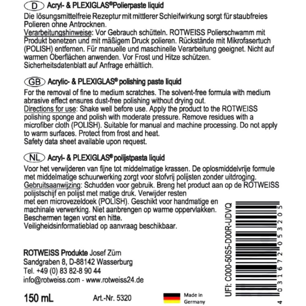 Acrylic & PLEXIGLAS® Polishing Paste for Delicate Surfaces 150m