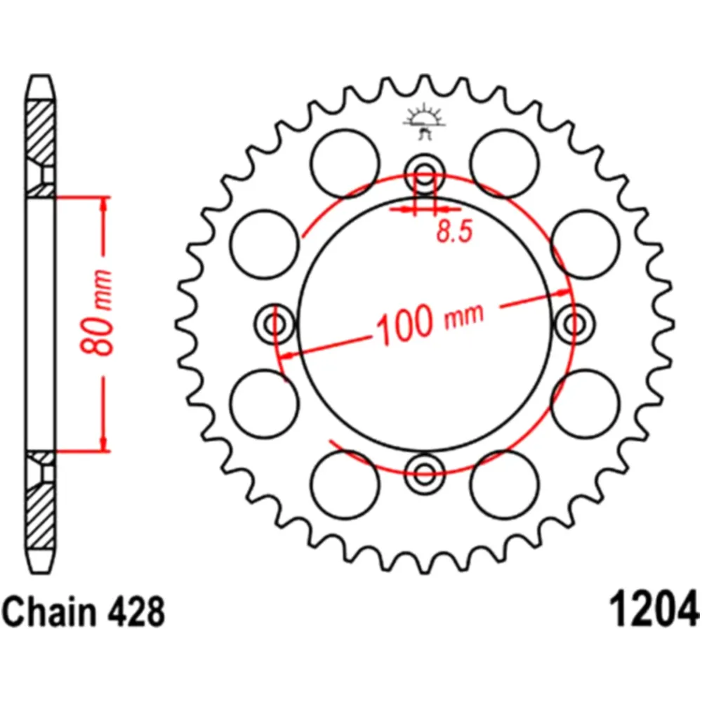 Kettenrad 46Z Teilung 428 Innendurchmesser 080 Lochkreis 100 pa