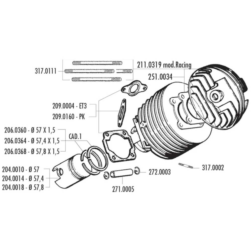 cylinder kit Polini cast iron racing 130cc 57mm for Vespa 12_1