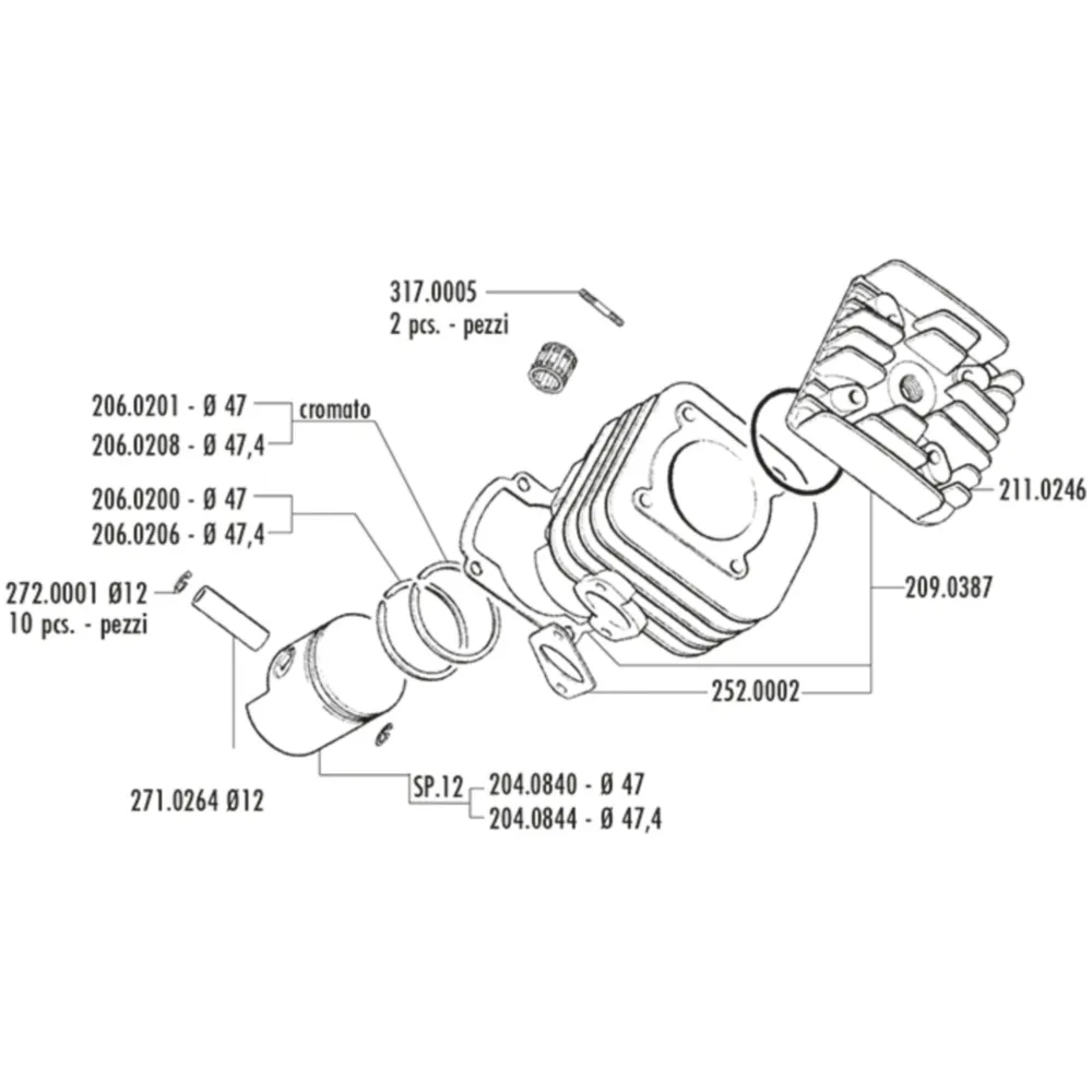 Cylinder kit Polini cast iron racing d=47mm 70cc 12mm slante_1