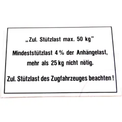 Stützlastschild für Anhänger 50KG 105 x 74 mm