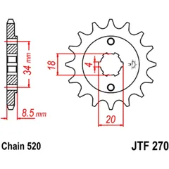Front sprocket 15 tooth pitch 520 large spline 4 inner diameter 18/20 for: SMC/Barossa Canyon, Cheetah/Stinger, Quarterback
