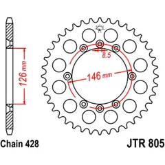 Rear sprocket 50 tooth pitch 428 inner diameter 126 bolt spacing 146 for: Suzuki DR