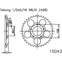 Kettenrad 51Z Teilung 428 Innendurchmesser 062 Lochkreis 108 passend für: Sachs XTC, XTC - N