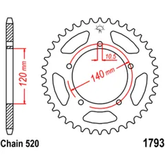 Rear sprocket 45 tooth pitch 520 inner diameter 120 bolt spacing 140 for: Triumph Bonneville, Scrambler, Thruxton
