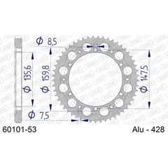 Alu Chain Wheel - Rear Sprocket AFAM 428 - 53t SILVER60101-53 | ID 135,6 LK 147,5 6-Loch