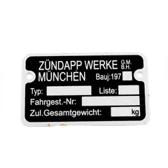 Typenschild Blanko Aluminium 1970er für Zündapp, C, CS, CX, Hai, KS, GTS, M, ZD MG00083131