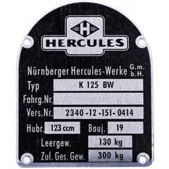 Typenschild Aluminium Schwarz 123 ccm für Hercules, K 125 MG00083456