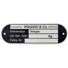 Typenschild "PIAGGIO & CO. Genova" für Vespa alle dt. Modelle ´67->, alle ital. Modelle 45321