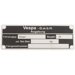Typenschild "Vespa GmbH Augsburg" für Vespa alle dt. Modelle ´58-´61 46359